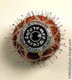 I See the Future, 1997, linen threads, sewing threads, silicone, pins and computer print, 15x15 cm.
